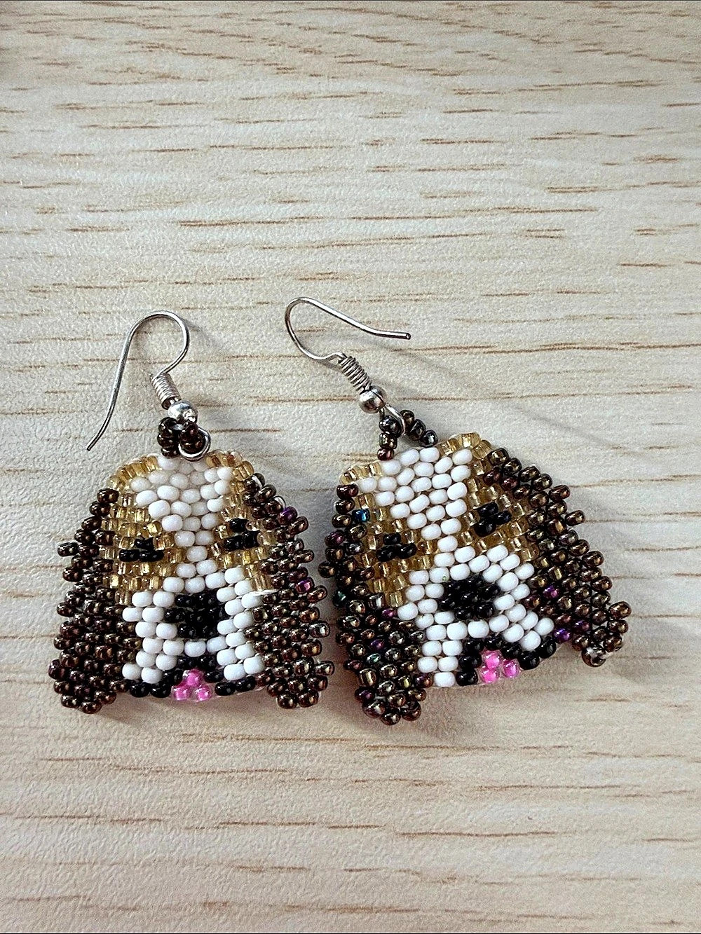 Beaded Animal Earrings in White & Brown